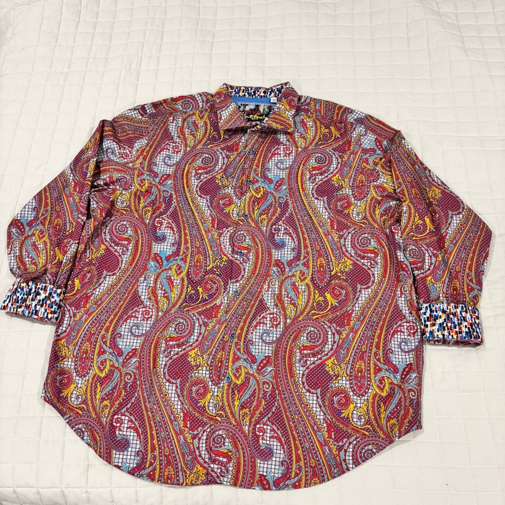 Robert Graham Red Paisley Check Plaid Embroidered Men's Button Up Shirt 3XLT